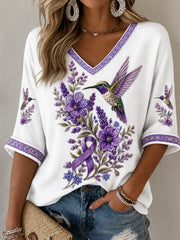 Women's Purple Floral & Hummingbird Print Alzheimer's Awareness Support Half-Sleeves V-Neck T-Shirt