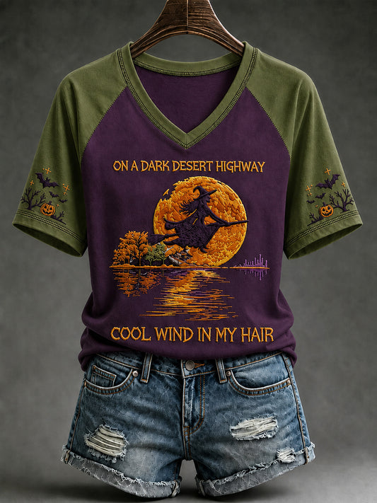 Women's Halloween Witch Pumpkin Bat V-neck Short Sleeve T-shirt