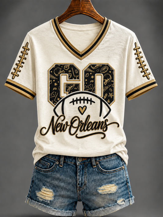 Women's America Football Printed V-neck T-shirt