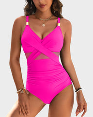 👙Summer Hot Sale 49%🩱Metallic Accent Mesh Panel One-Piece Swimsuit