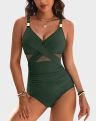 👙Summer Hot Sale 49%🩱Metallic Accent Mesh Panel One-Piece Swimsuit