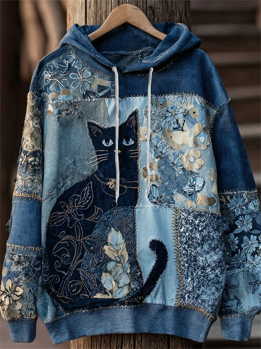 Women's Artistic Cat Print Casual Pocket Hoodie