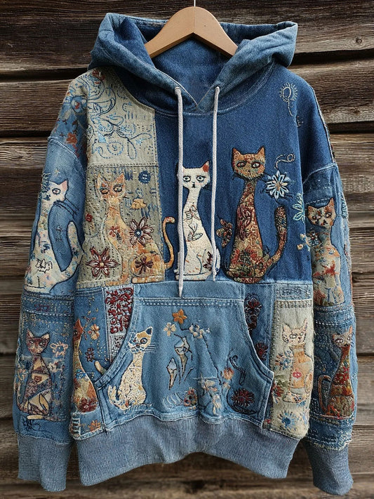 Women's Artistic Cat Print Casual Pocket Hoodie