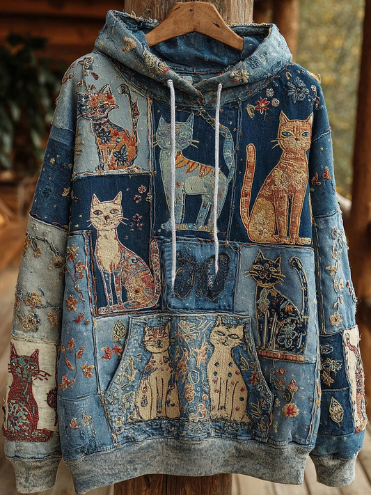 Women's Artistic Cat Print Casual Pocket Hoodie