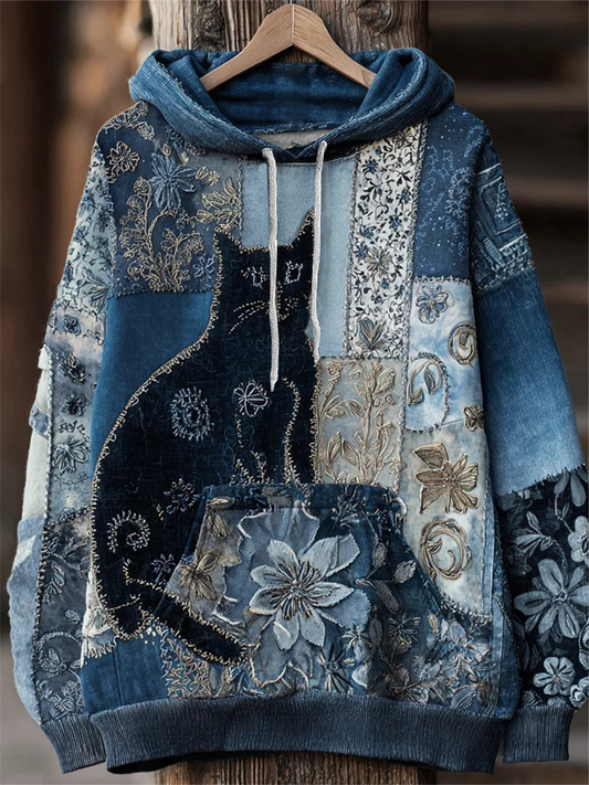 Women's Artistic Cat Print Casual Pocket Hoodie