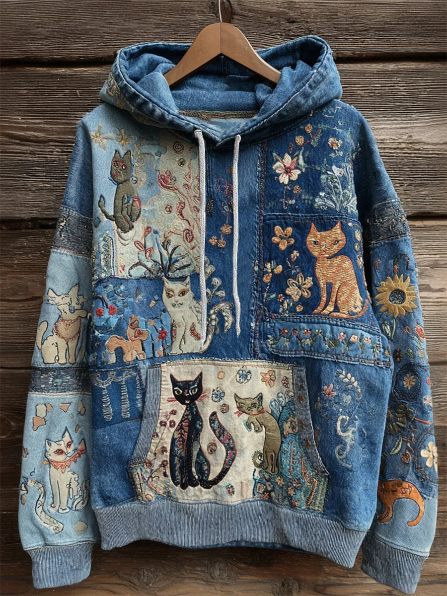 Women's Artistic Cat Print Casual Pocket Hoodie