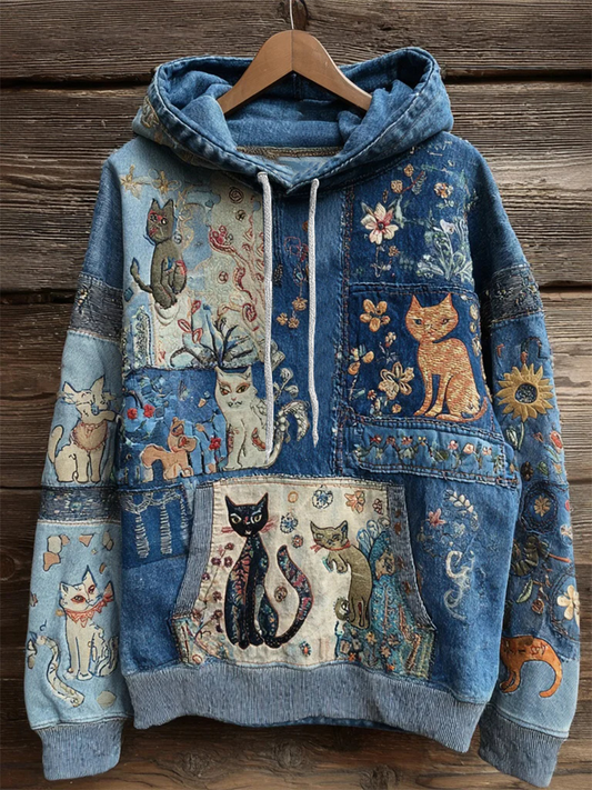 Women's Artistic Cat Print Casual Pocket Hoodie