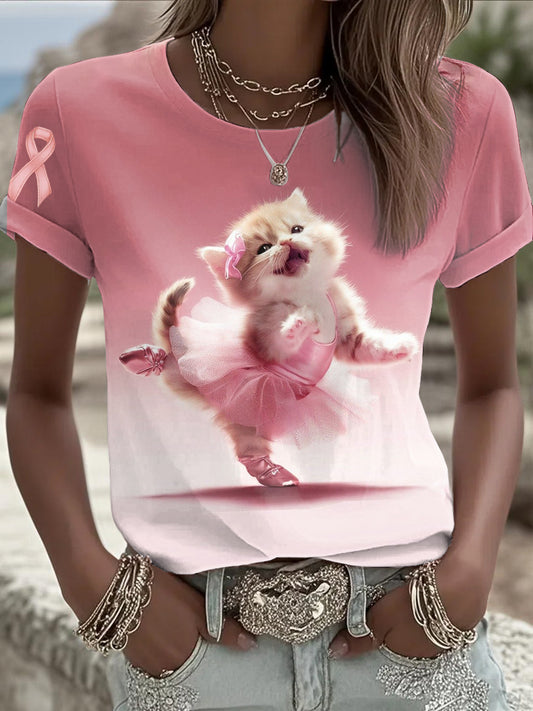 Women's Breast Cancer Awareness Pink Ballet Cat Print T-shirt