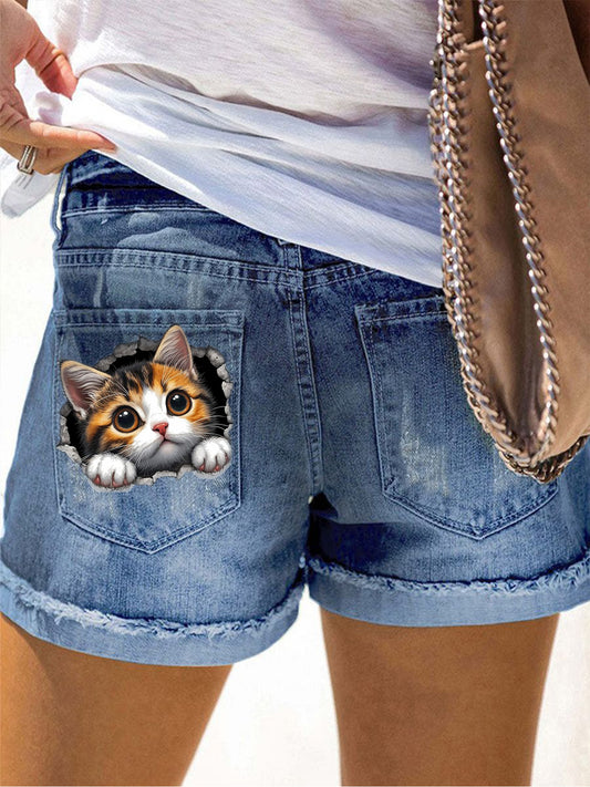 Women's Cartoon Cat Print Denim Shorts