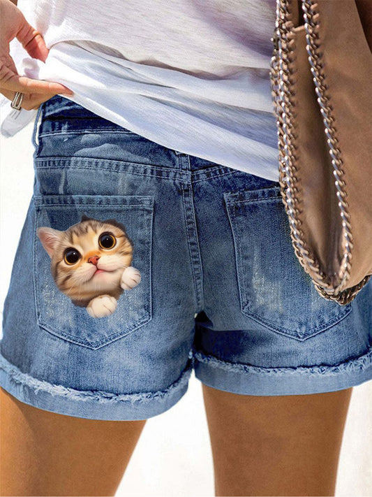 Women's Cartoon Cat Print Denim Shorts