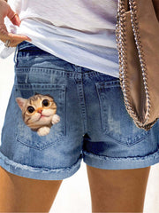 Women's Cartoon Cat Print Denim Shorts