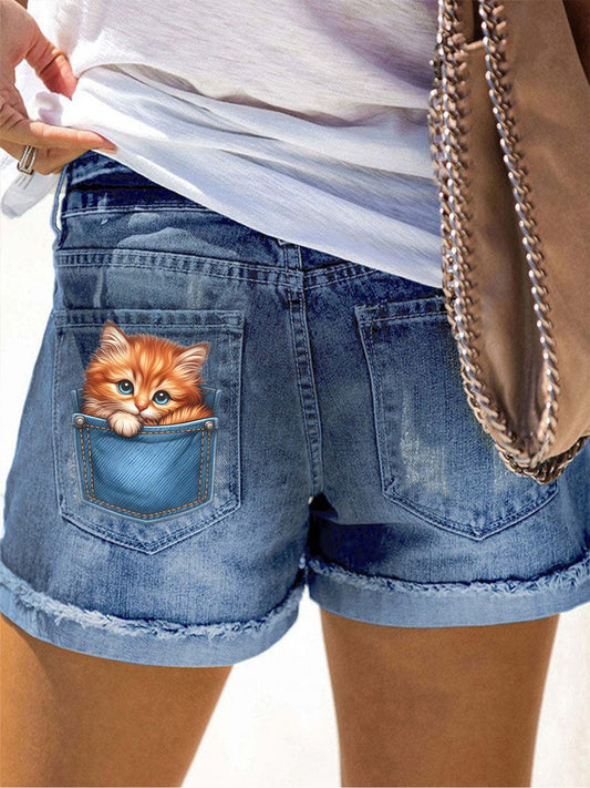 Women's Cartoon Cat Print Denim Shorts