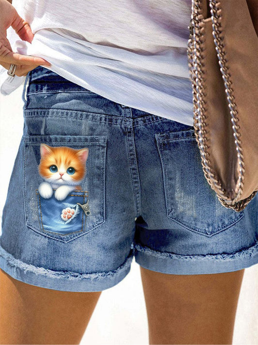 Women's Cartoon Cat Print Denim Shorts