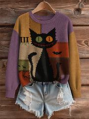 Women's Halloween Colorblock Blact Cat Print Casual Sweatshirt