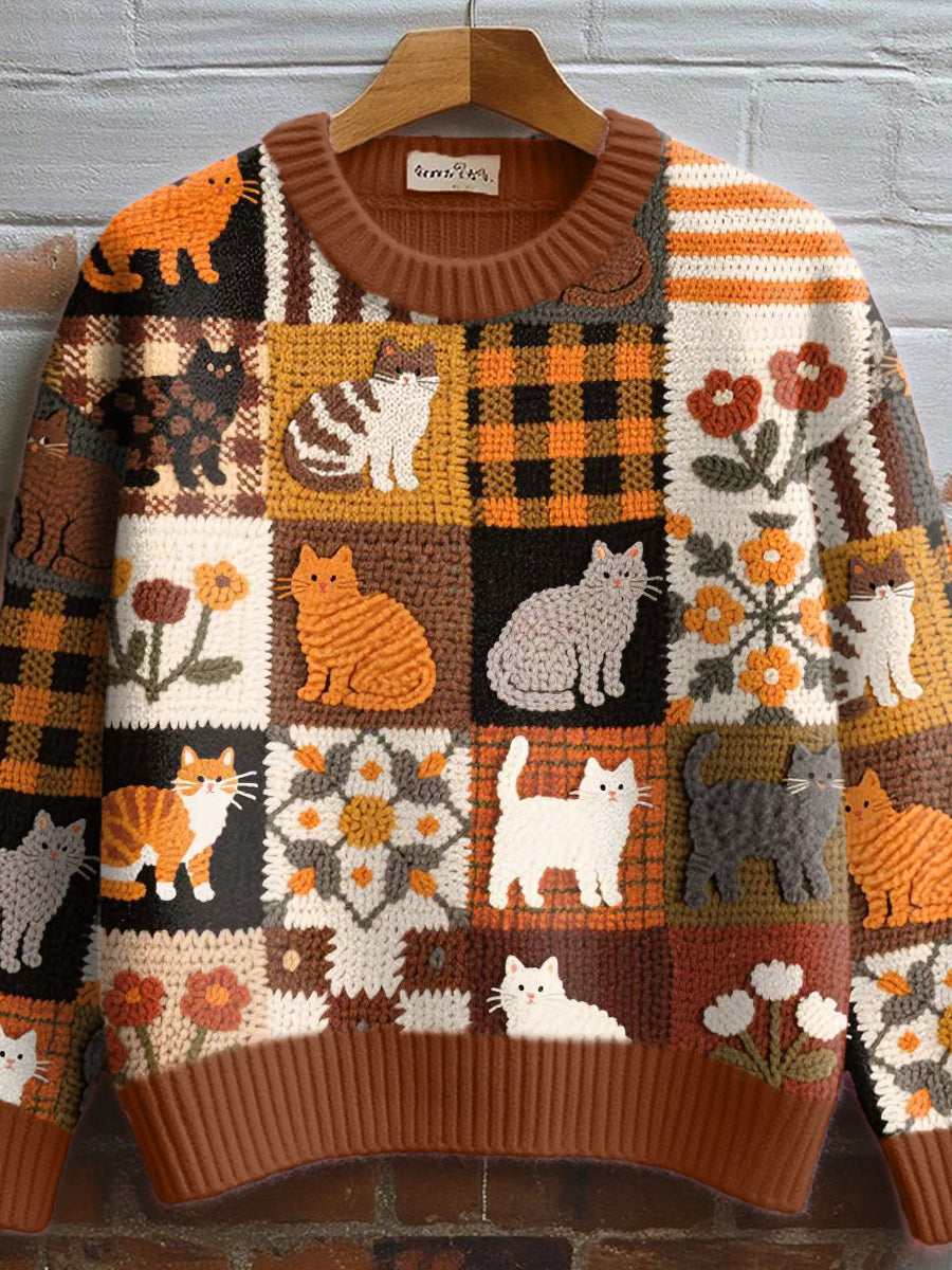 Women's Fall Floral Cat Crochet Pattern Cozy Knit Sweater
