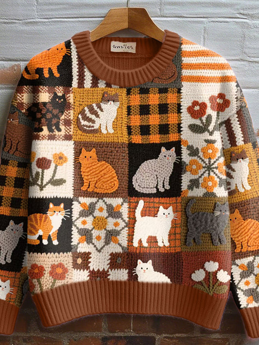 Women's Fall Floral Cat Crochet Pattern Cozy Knit Sweater