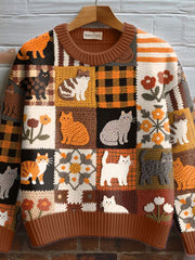 Women's Fall Floral Cat Crochet Pattern Cozy Knit Sweater