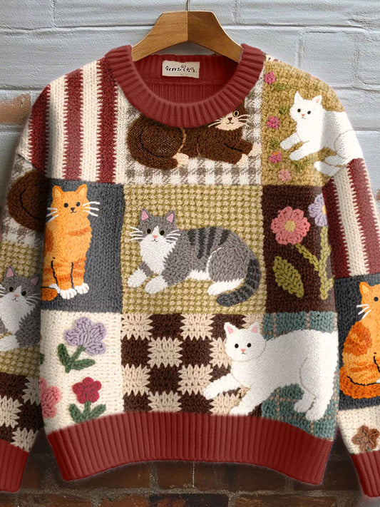Women's Fall Floral Cat Crochet Pattern Cozy Knit Sweater