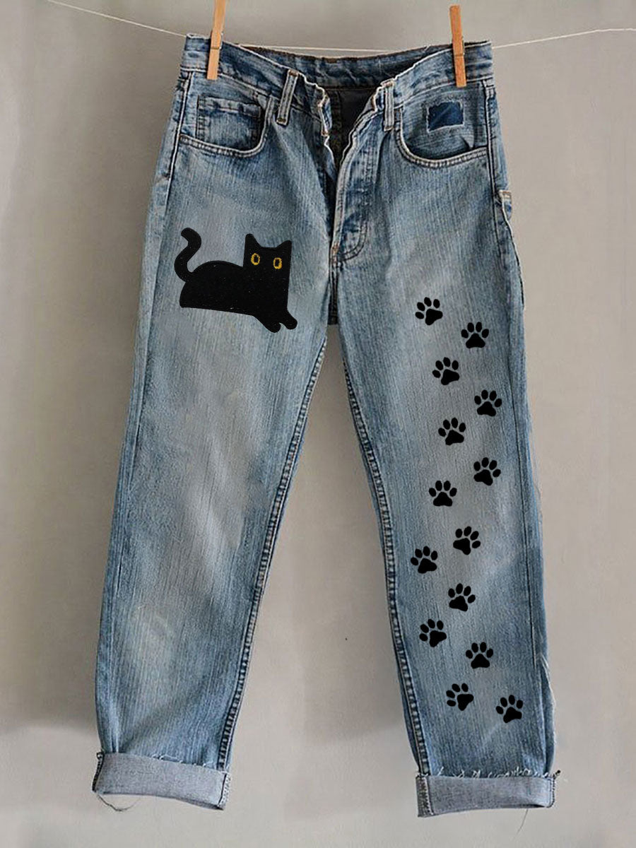 Women's Vintage Black Cat Casual Pants