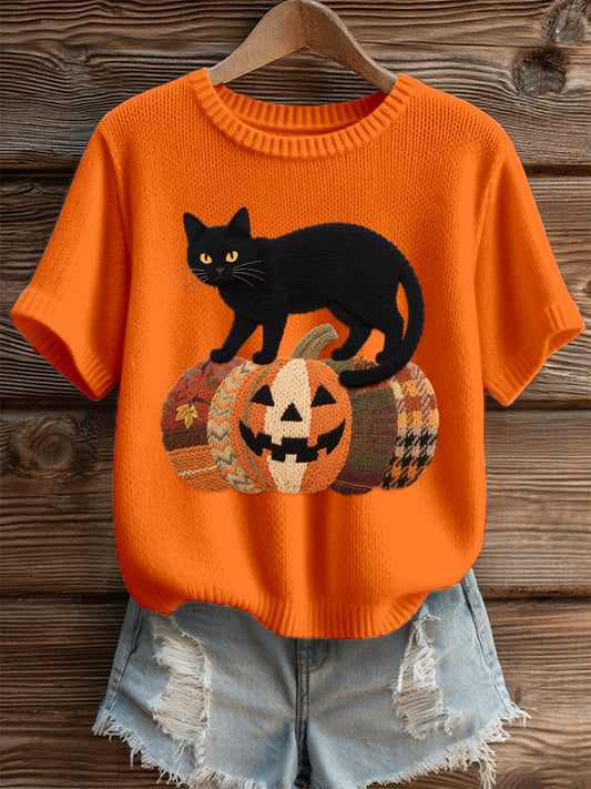 Women's Halloween Black Cat Pattern Cozy Knit Top