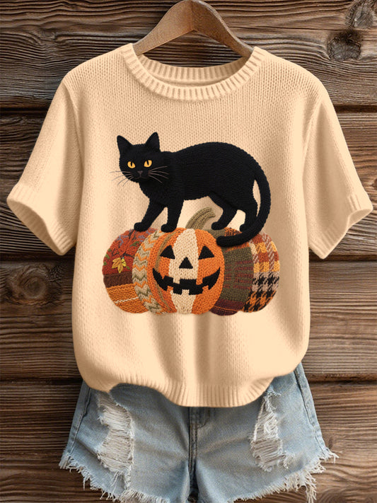 Women's Halloween Black Cat Pattern Cozy Knit Top