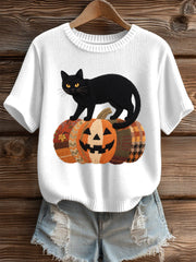 Women's Halloween Black Cat Pattern Cozy Knit Top