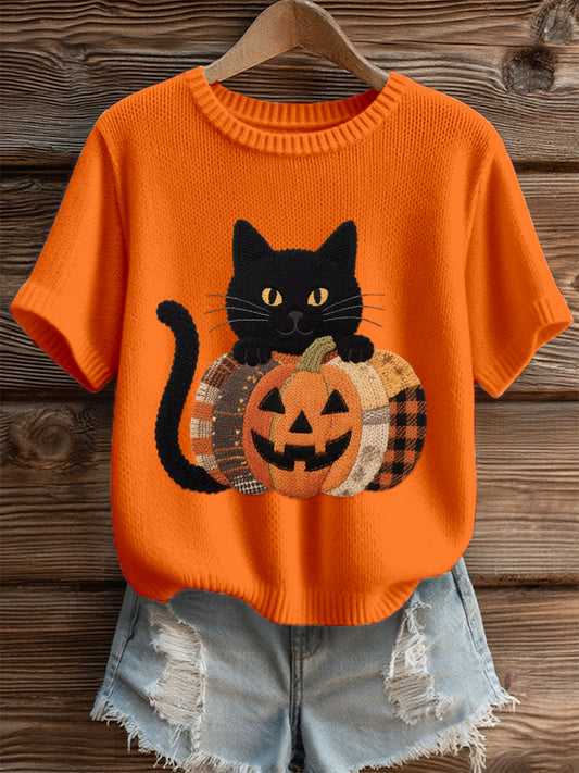 Women's Halloween Black Cat Embroidered Cozy Knit Top