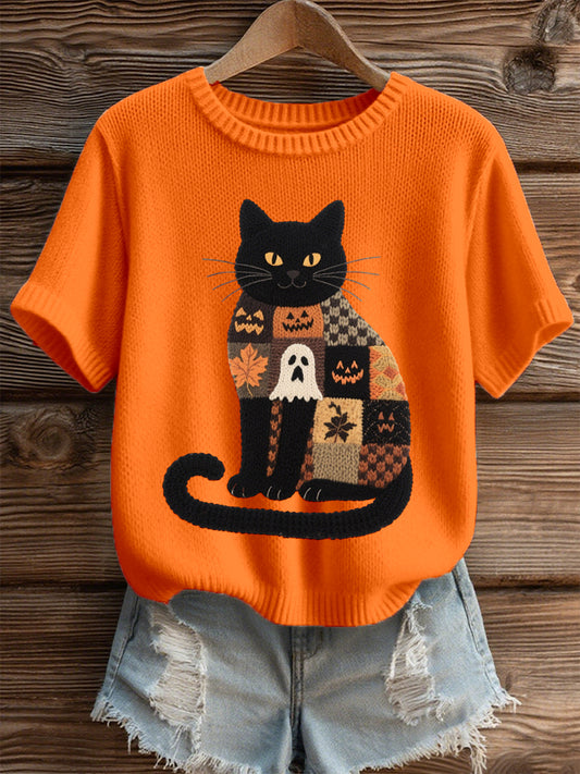 Women's Halloween Black Cat Embroidered Cozy Knit Top