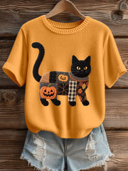 Women's Halloween Black Cat Embroidered Cozy Knit Top