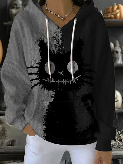 Women's Halloween Patchwork Hooded Sweatshirt with Pockets