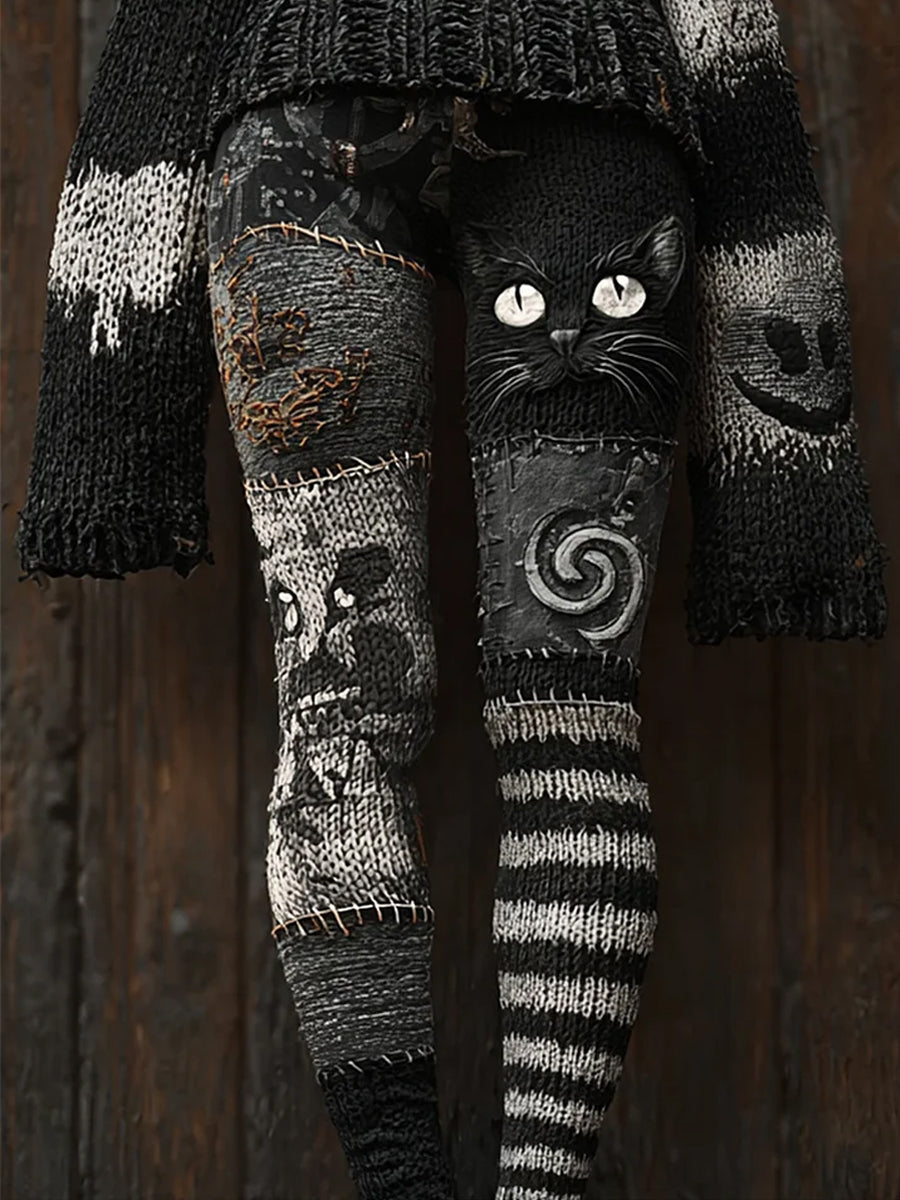 Women's Halloween Black Cat Print Casual Leggings