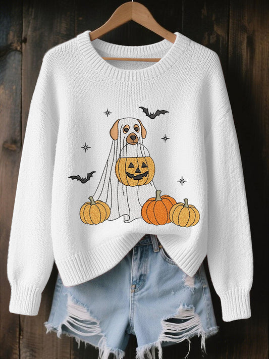Women's Halloween Trick Or Treat Dog Ghost  Sweatshirt
