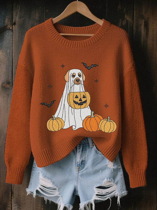 Women's Halloween Trick Or Treat Dog Ghost  Sweatshirt