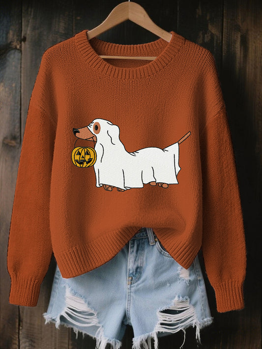 Women's Halloween Ghost Dog Long Sleeve Sweatshirt