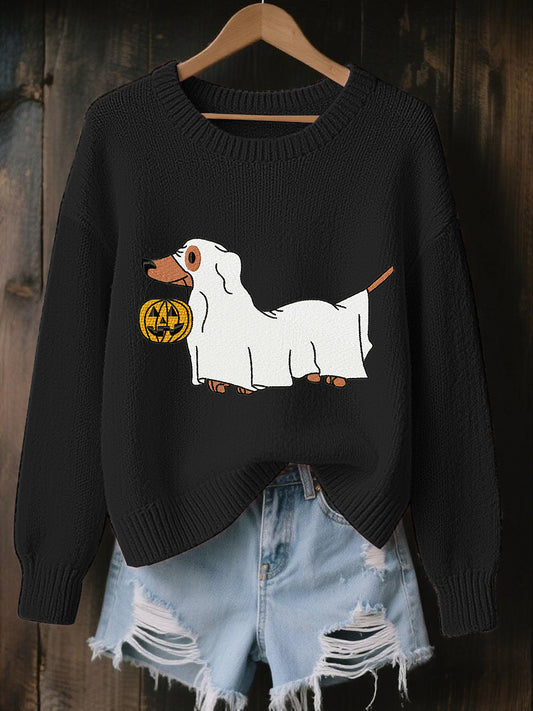 Women's Halloween Ghost Dog Long Sleeve Sweatshirt