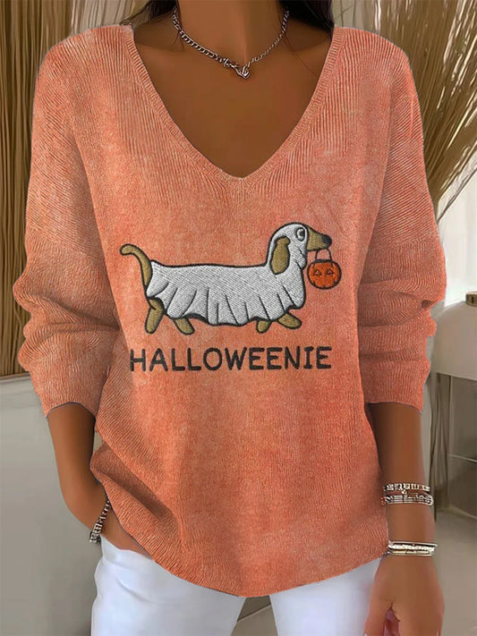 Women's Halloween Dog Pumpkin Art Print V-Neck Ribbed Top