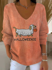 Women's Halloween Dog Pumpkin Art Print V-Neck Ribbed Top