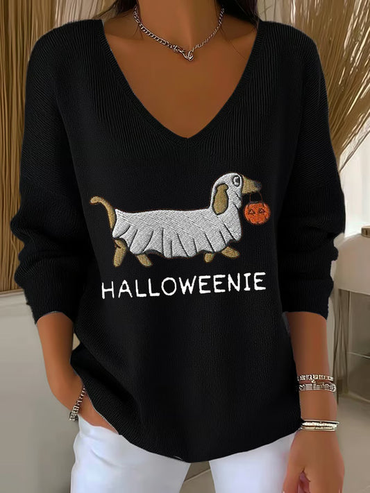 Women's Halloween Dog Pumpkin Art Print V-Neck Ribbed Top