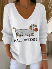 Women's Halloween Dog Pumpkin Art Print V-Neck Ribbed Top