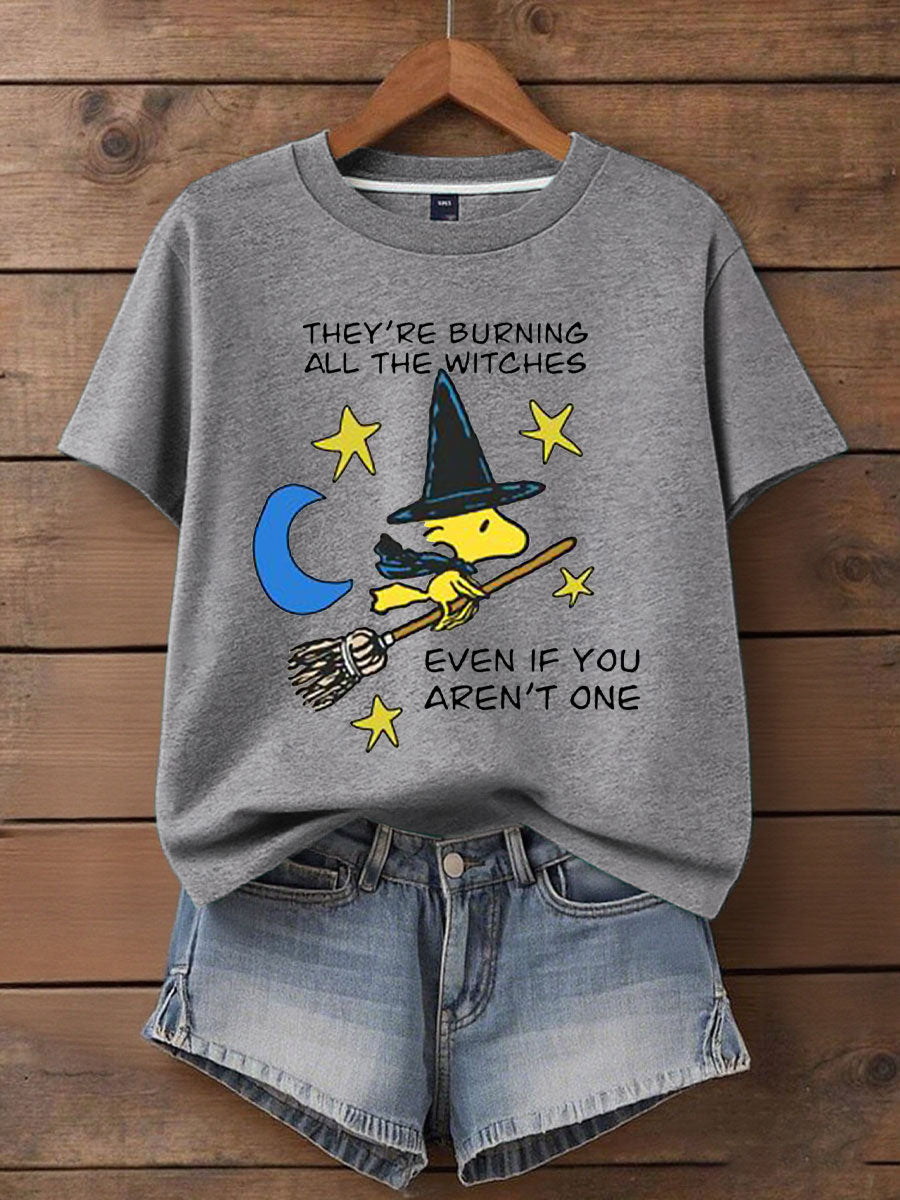 Women's Music Lover Halloween They're Burning All The Witches Printed T-Shirt