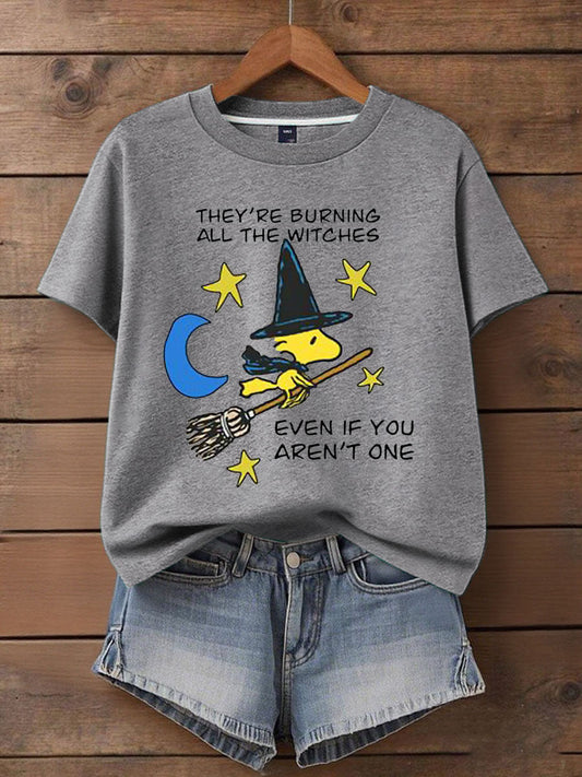 Women's Music Lover Halloween They're Burning All The Witches Printed T-Shirt