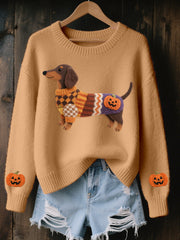 Women's Halloween Inspired Dachshund Felt Art Cozy Knit Sweater