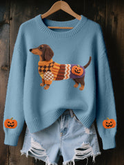 Women's Halloween Inspired Dachshund Felt Art Cozy Knit Sweater