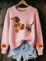 Women's Halloween Inspired Dachshund Felt Art Cozy Knit Sweater