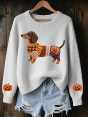 Women's Halloween Inspired Dachshund Felt Art Cozy Knit Sweater