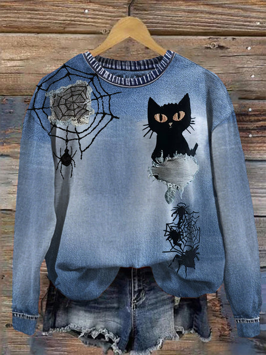Women's Halloween Cat Print Casual Sweatshirt