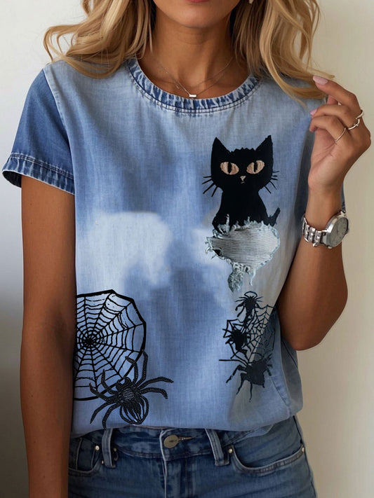 Women's Halloween Cat Print Casual T-shirt