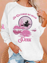 Women's In October We Wear Pink Halloween Witch Print Breast Cancer Awareness Sweatshirt