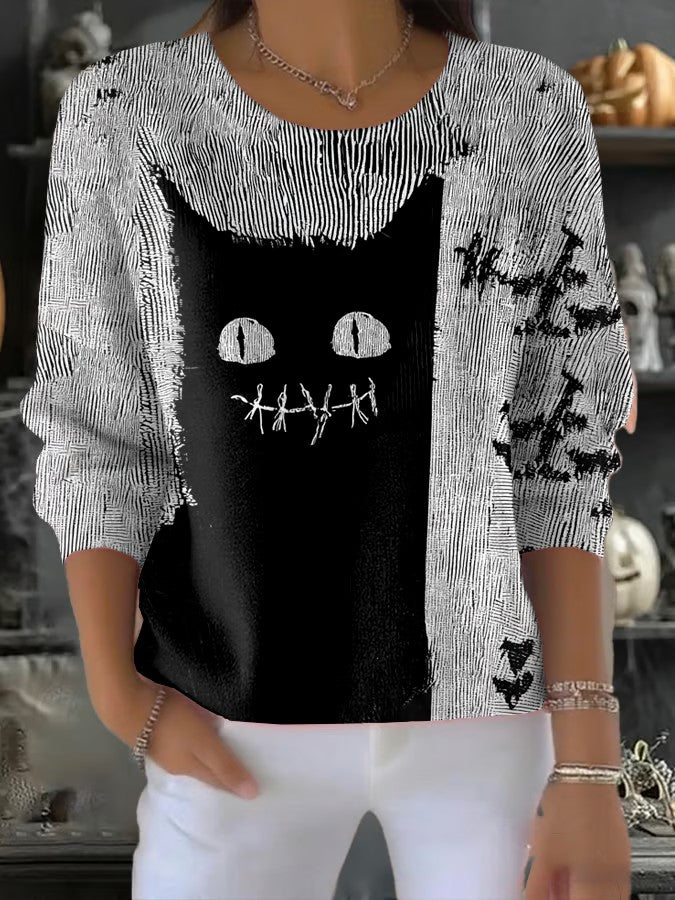 Women's Halloween Patchwork round neck ribbed top