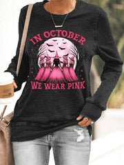 Women's In October We Wear Pink,Pink Halloween Witch Print Breast Cancer Awareness Sweatshirt